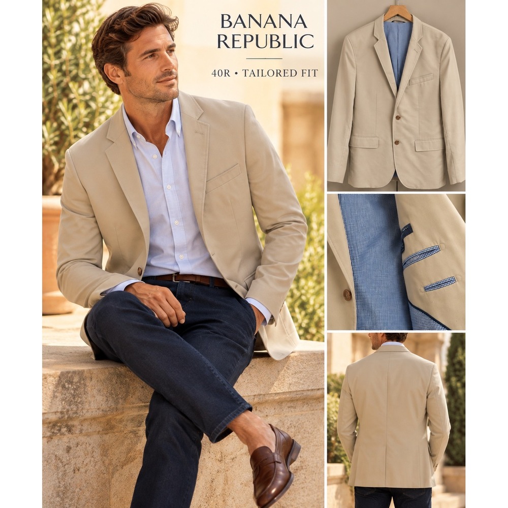 Banana Republic Mens Tailored Fit Cotton Blazer Sport Coat Khaki Tan 40R Preppy